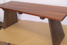 "Flying buttress" coffee table or bench. Sapele top with ash base.